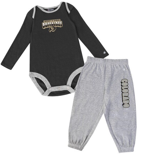 A black long sleeved onesie with gray seams. "University of Colorado Buffaloes" is displayed across the chest along with the CU Buffalo logo. Gray pants say Colorado down left leg in black and gold.